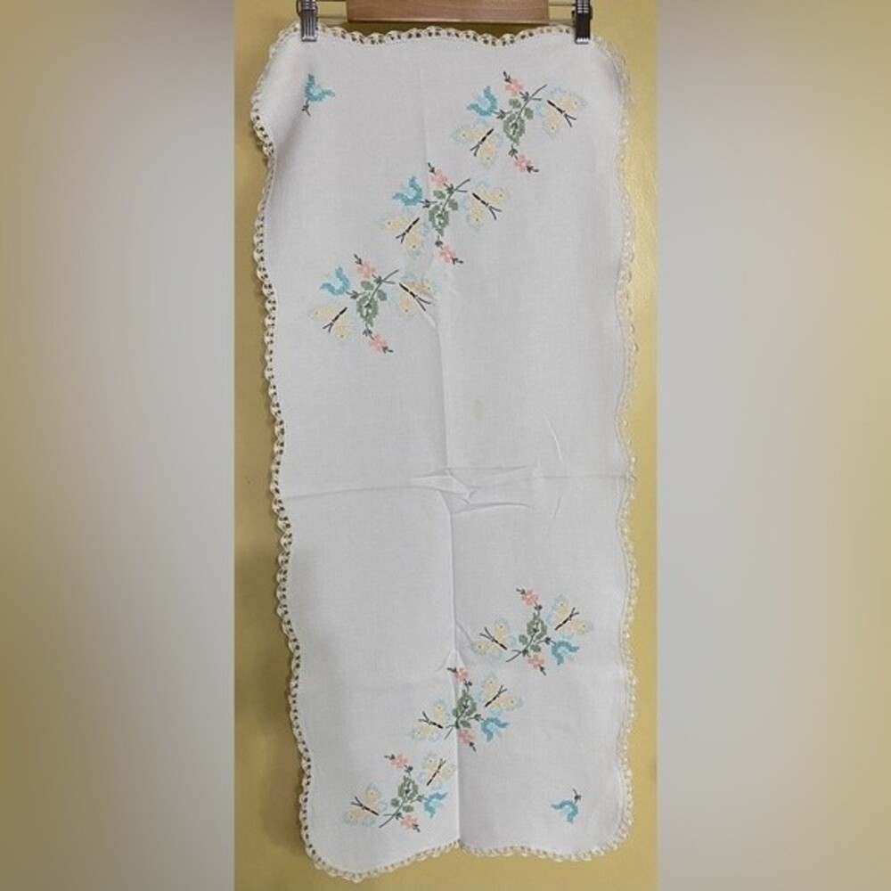 Vintage table runner hand embroidered butterflies and chrochet trimmed linen